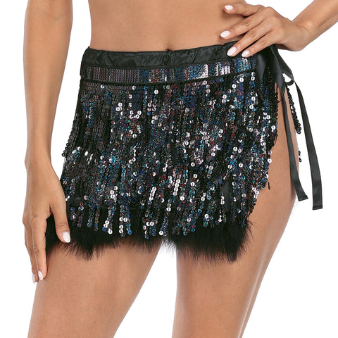 Sequin Tassel Fringe Skirt with Fur Trim