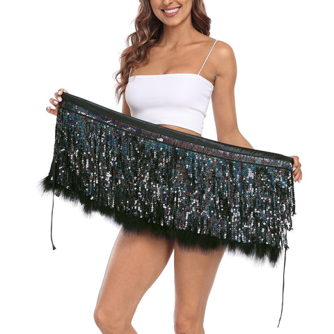 Sequin Tassel Fringe Skirt with Fur Trim