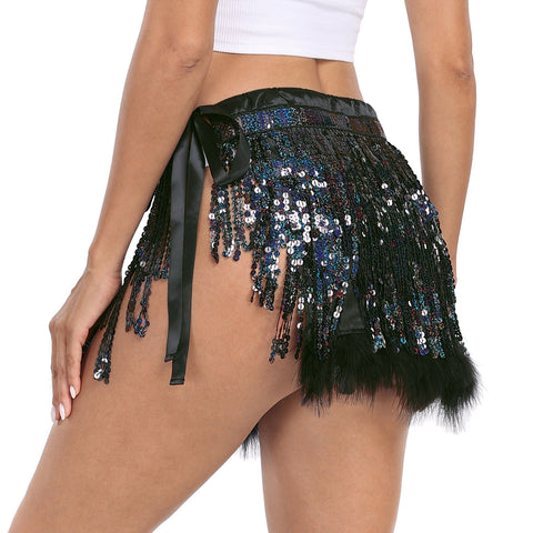 Sequin Tassel Fringe Skirt with Fur Trim