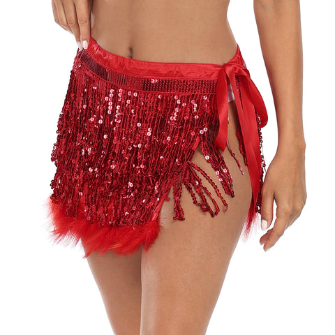 Sequin Tassel Fringe Skirt with Fur Trim