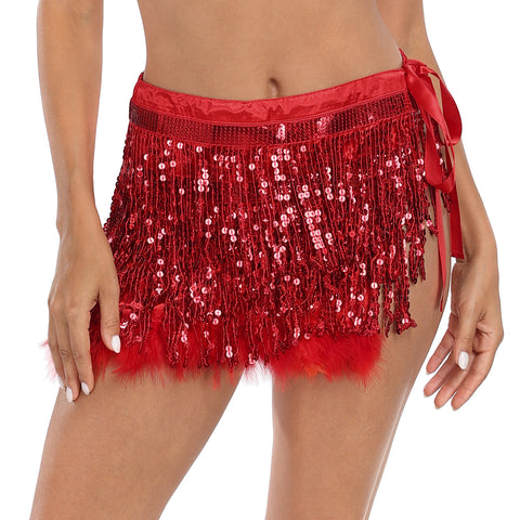 Sequin Tassel Fringe Skirt with Fur Trim