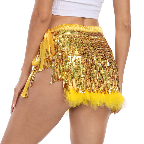 Sequin Tassel Fringe Skirt with Fur Trim