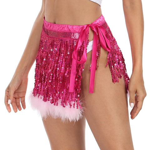 Sequin Tassel Fringe Skirt with Fur Trim