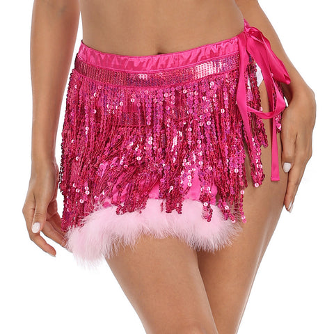 Sequin Tassel Fringe Skirt with Fur Trim