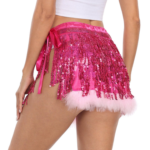 Sequin Tassel Fringe Skirt with Fur Trim