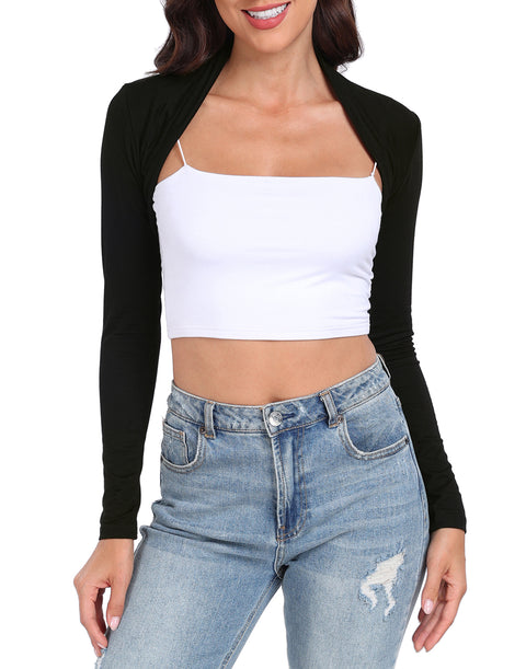 Black Open Front Shrugs Long Sleeve Bolero Cropped Cardigan Sweater