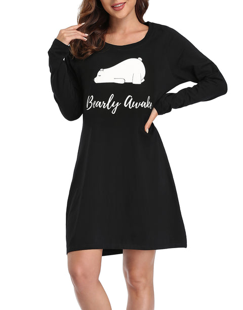 Bearly Awake Long Sleeve Sleepwear Cotton Nightgown Sleepshirt