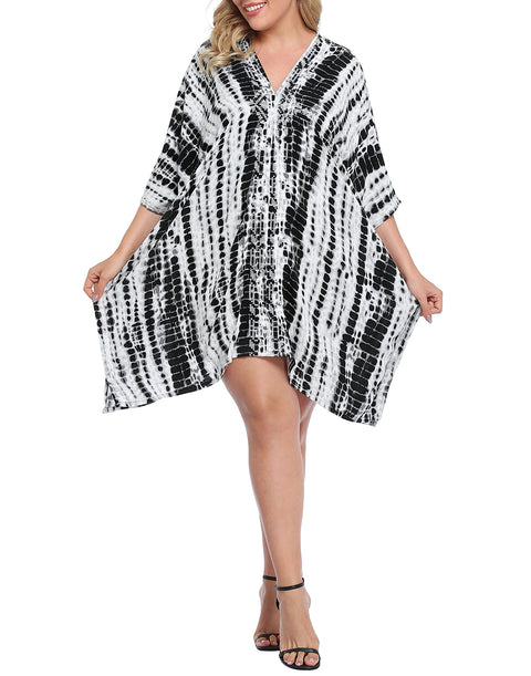 Black Tie Dye Plus Size UPF 30+ Short Kaftan Cover Up Oversize Dress