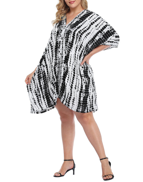 Black Tie Dye Plus Size UPF 30+ Short Kaftan Cover Up Oversize Dress