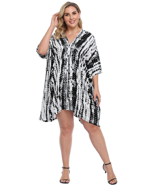 Black Tie Dye Plus Size UPF 30+ Short Kaftan Cover Up Oversize Dress