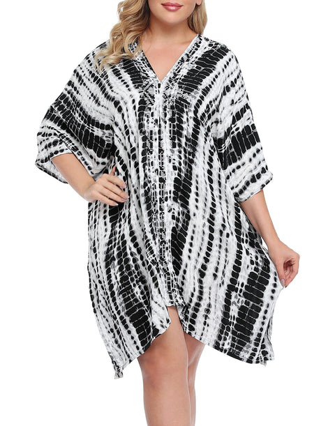 Black Tie Dye Plus Size UPF 30+ Short Kaftan Cover Up Oversize Dress